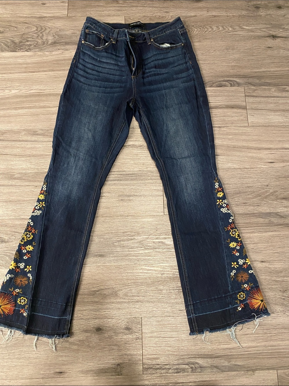 Ashley Mason Dark Wash Flare Jeans with Multicolor Floral Embroidery